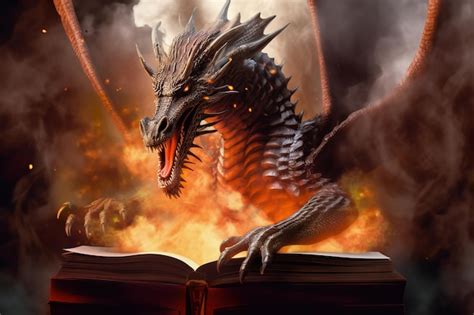 Premium AI Image | Dragon on a book with fire in the background