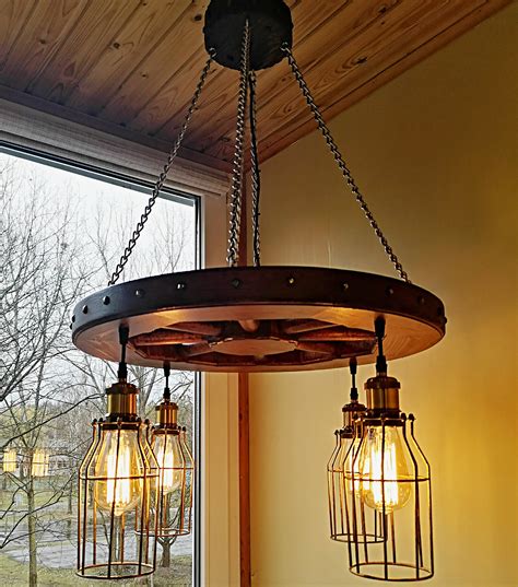 Rustic Lighting - Wagon Wheel Chandelier Industrial Pendant Light Wood ...