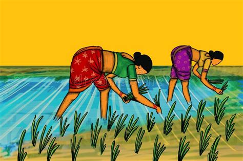 Women are working in the paddy fields. Indian artist created this rural ...