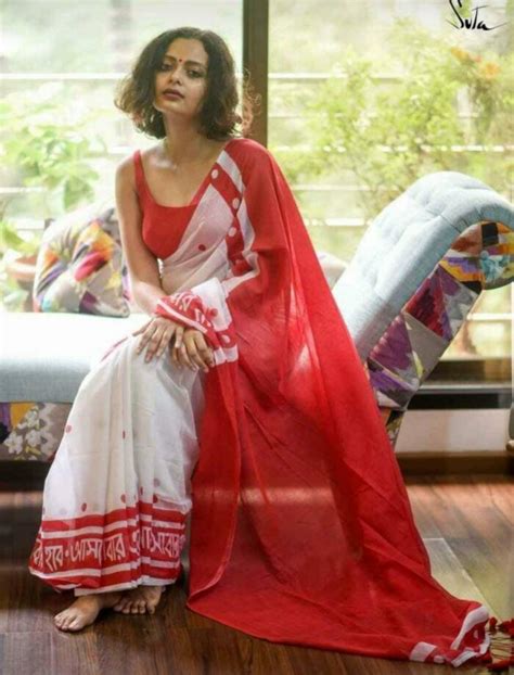 Durga Pooja Red and White Pure Cotton Printed Typography Saree