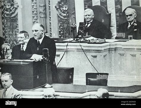 Photograph of President Franklin D. Roosevelt delivering a speech in Congress. Franklin Delano ...