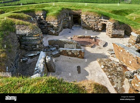 The neolithic village ruins of Skara Brae, circa 2,500, a UNESCO World Heritage Site. Orkney ...