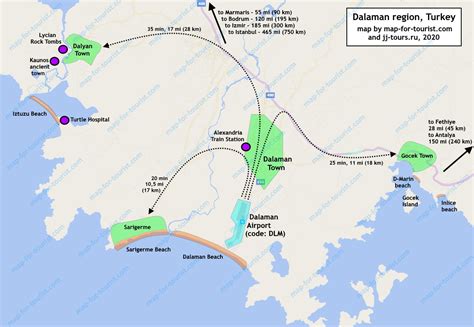 Map of Dalaman tourist region– beaches & attractions