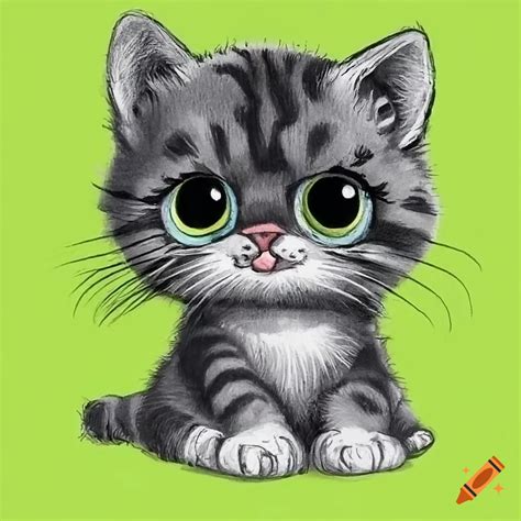 Drawing of cute baby cat, no colour, big eyes, black and white on Craiyon