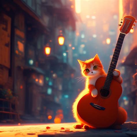 surayakunta: orange cute cat playing guitar