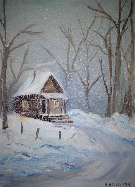 Snowy cabin | Canvas painting, Painting, Old cabins