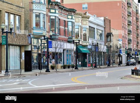 Elgin, Illinois, USA. Downtown street in the old river city of Elgin, Illinois. The architecture ...