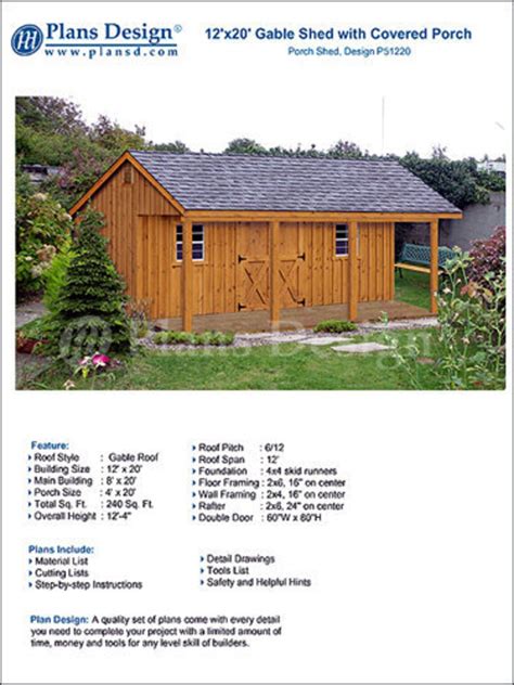 12' X 20' Shed With Porch, Guest House, Cottage or Cabin Building Plans, Material List Included ...