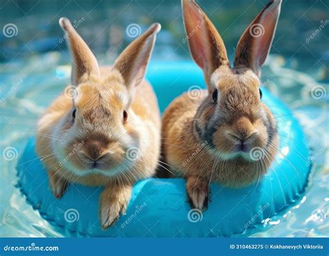 Two Adorable Rabbits Relax on a Blue Inflatable Tube in a Swimming Pool Stock Image - Image of ...