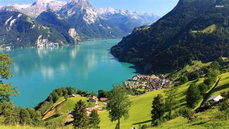 Sisikon village and Urnersee lake, part of Lake Lucerne, Switzerland ...