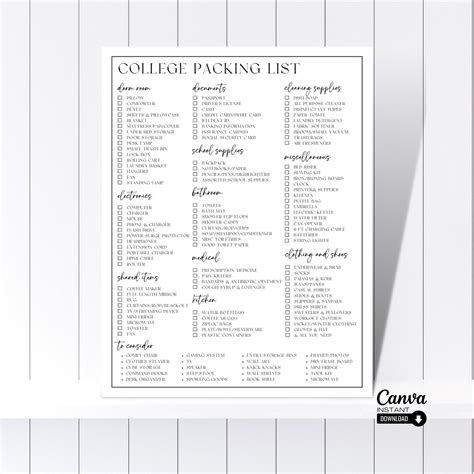 Editable College Packing List Template, Back to School Moving List, Printable Essentials ...