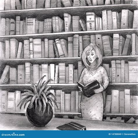 Woman Reading Book in Library Stock Illustration - Illustration of ...