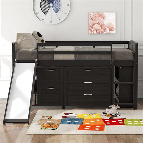 Buy Low Loft Bed with Slide and Storage Twin Loft Bed Frame with Cabinet Drawers and Book ...