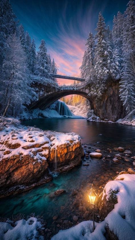 Wallpaper bridge, river, lantern, trees, winter, nature 4K by♤CRISTIAN♧¿ | Winter wonderland ...