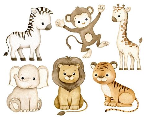 Safari Animals Watercolor Clipart, Jungle Animals Clip Art, Neutral Nursery Wall Decor, Baby ...