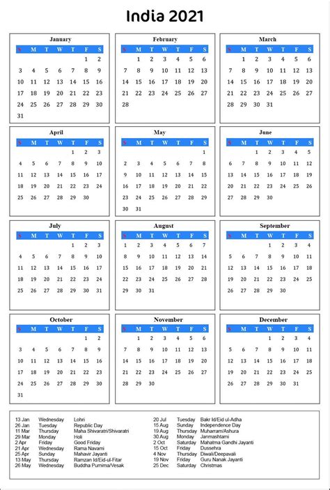 Printable India 2021 Calendar With Holidays [PDF] | Calendar Dream