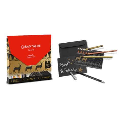 CARAN D'ACHE Metallic Creative Box, 9 metallic products and 12 Cards with envelopes