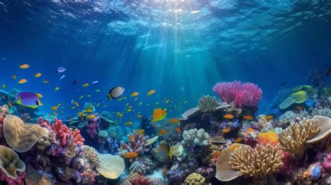 Underwater coral reef landscape super wide banner background in deep ...