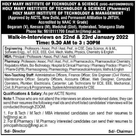 Holy Mary Institute of Technology and Science (Engineering, Pharmacy, Management) wanted ...