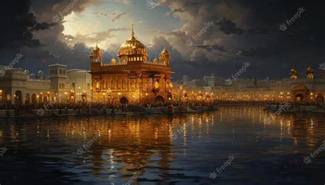 Premium Photo | Famous golden temple with dark clouds oil painting