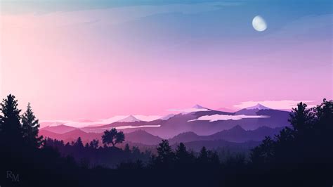 Moon Wallpaper 4K, Evening sky, Mountains, Forest