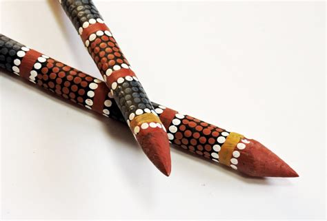 Aboriginal Wood Carved Clapsticks Vintage Dot Painted Music