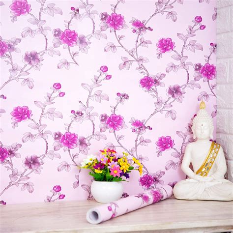 wolpin Wall Stickers Wallpaper for Kids Room (45 x 500 cm) Pink Flowers Decal Bedroom Decoration ...