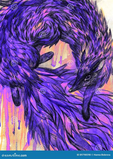 Purple Fox on the Grunge Background. Watercolor. Stock Illustration ...