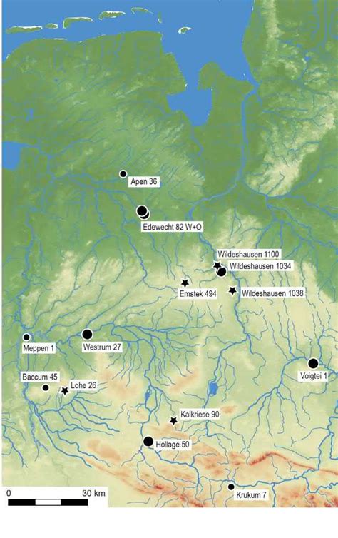 Map of Ahrensburgian sites between river Weser and river Ems. Circle:... | Download Scientific ...