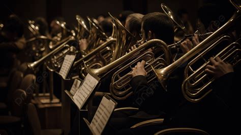 Orchestra With Brass Instruments Playing In A Dark Auditorium Background, Brass Band Support ...