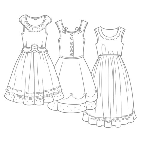 Coloring Page Of Three Different Type Of Dresses Outline Sketch Drawing Vector, Dress Drawing ...