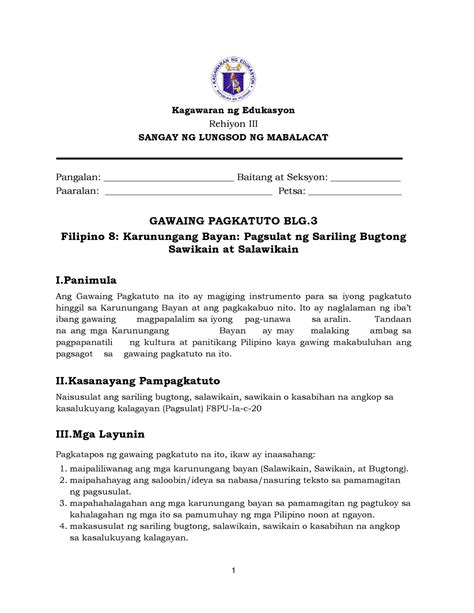 Filipino 8 Q1 Wk3 Naisusulat ang sariling bugtong, salawikain, sawikain o kasabihan na angkop sa ...