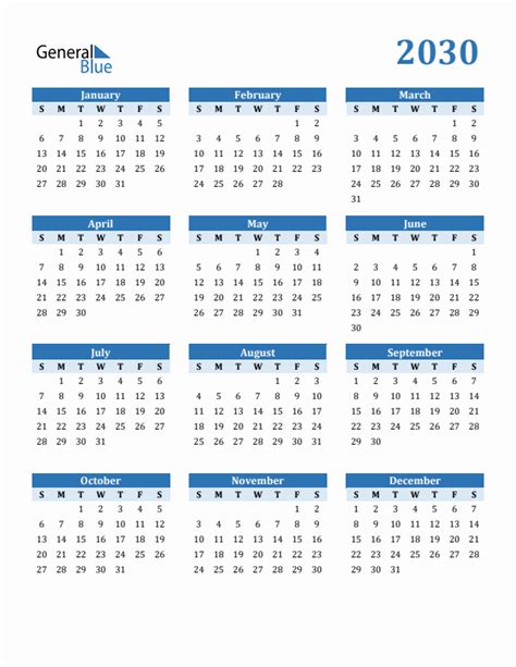 Free 2030 Calendars in PDF, Word, Excel