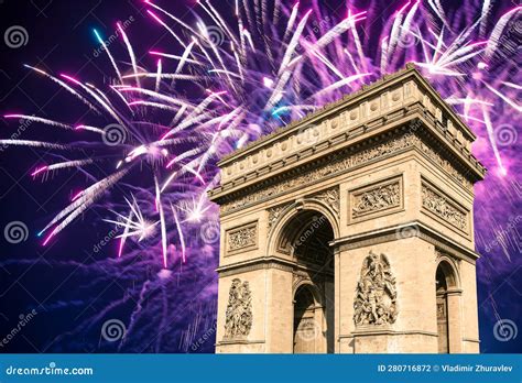 Celebratory Colorful Fireworks Over the Arc De Triomphe, Paris, France Stock Photo - Image of ...