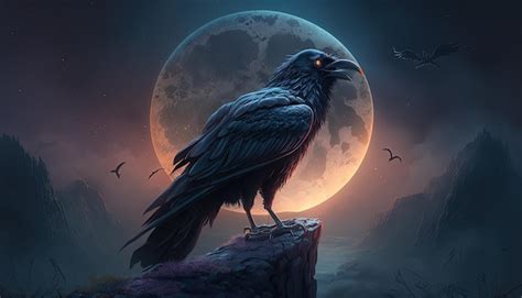 Premium Photo | Beautiful black crow illustration halloween theme image with big moon in the ...