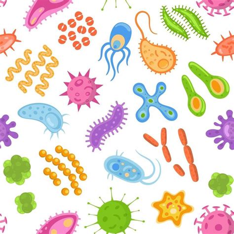 Seamless pattern with color cartoon bacteria, viruses and germs . Microorganism cells repeating ...