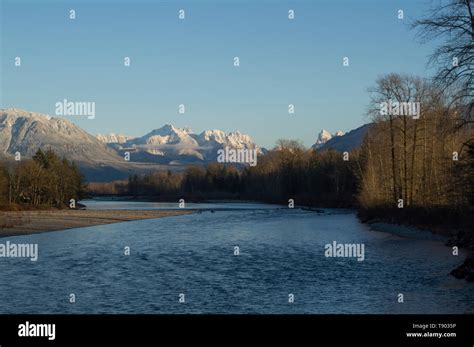 Cascade Mountains and Skykomish River viewed from bridge crossing the ...