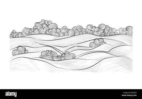 Rural landscape. Countryside nature skyline background. Doodle hand drawn line art sketch Stock ...