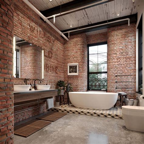 Modern rustic bathroom styles showing amazing viewpoint of brick wall ...