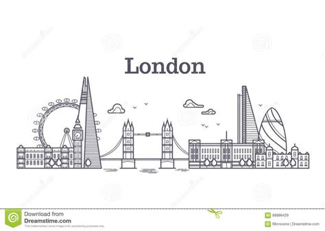 the london skyline with famous buildings and landmarks in line art style on a white background