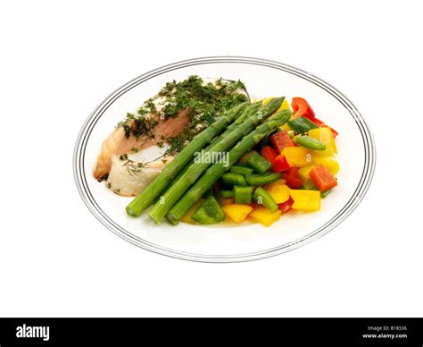 Salmon Steak With Asparagus Stock Photo - Alamy