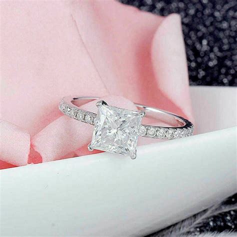 1.50 Ct Princess Cut Hidden Halo Diamond Engagement Ring Bridal Promise Ring Solitaire ...