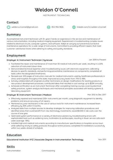 Instrument Technician Resume (CV) Example and Writing Guide