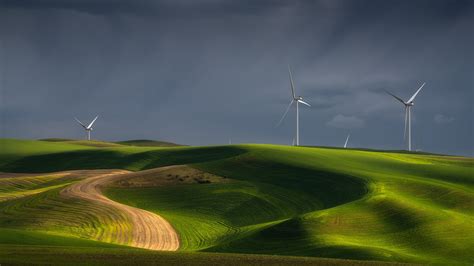 Wind Turbines On Green Grass Hills Under Cloudy Sky HD Nature ...