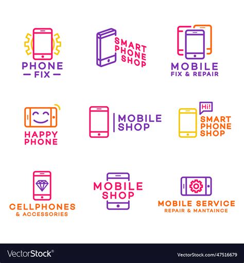 Mobile shop logo set line style Royalty Free Vector Image