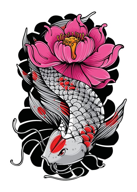 Koi Fish with Japanese Wave and Flowers Tattoo Japanese Illustration Style Isolated Vector ...