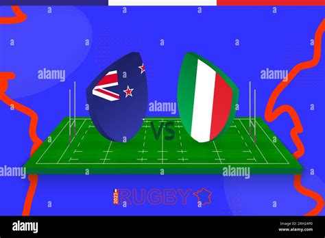 Rugby team New Zealand vs Italy on rugby field. Rugby stadium on abstract background for ...