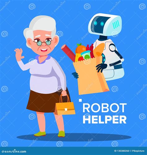 Robot Helper Carrying Cart with Products of Elderly Woman Vector ...