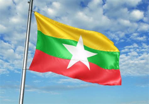 Myanmar national flag waving in the blue sky realistic 3d illustration ...
