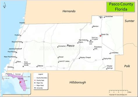 Map of Pasco County, Florida showing cities, highways & important ...